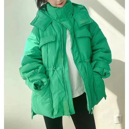 New Winter Hooded Parkas Warm Jacket Women's Down Cotton Coat Irregular Fluffy Bubble Drawstring Waist Loose Coat Cotton Coat