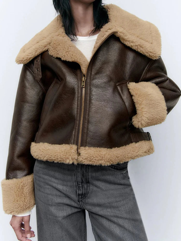 Ailegogo New Women Thick Warm Faux Leather Fur Jacket Autumn Winter Female Streetwear Moto Biker Zipper Coat Vintage Outwear