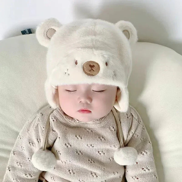 Cute Winter Warm Kids Girl Boys Baby Hats Fleece Wool Hemming Caps with Ball Solid Wool Ear Protection Hats Soft Newborn Bonnet