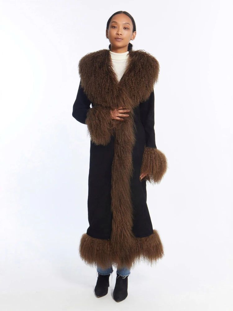 RR2813 Faux Mongolian Fur Trim Coats  Women Fully Cotton Lined Suede Maxi Winter Jackets Warm Faux Fur X-Long Coats Hook Closure