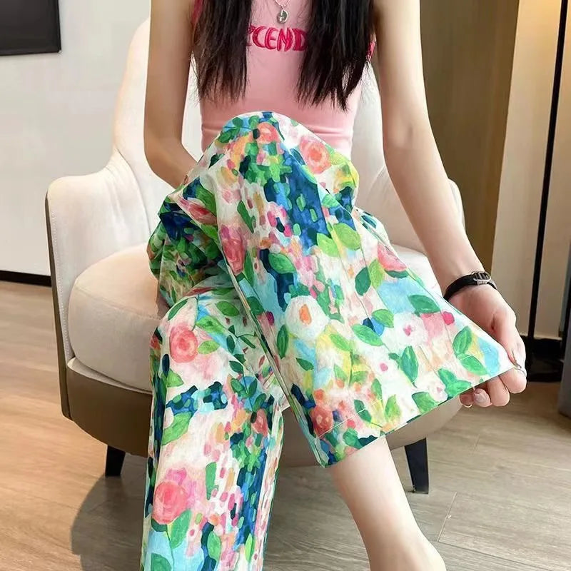 Elastic High Waist Wide Leg Pants Loose Straight Beach Holiday Casual Trouser Women Clothing Clothing Autumn Thin Bohemia