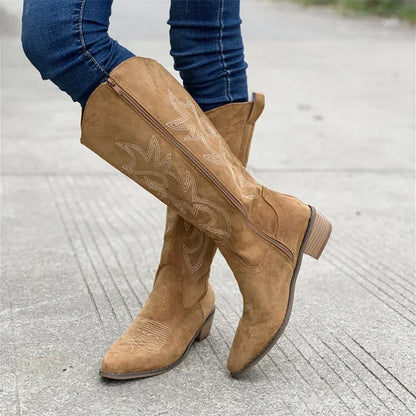 Embroidered Western Cowboy Boots for Women Autumn Pointed Toe Thick Heel High Knee Boots Woman Loose PU Leather Long Botas Mujer