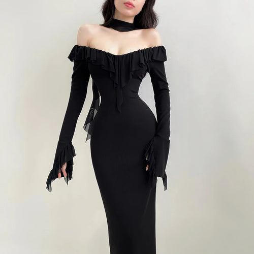 Xeemilo Black Mesh Ruffles Evening Dress Temperament Round Collar Slim Long Sleeve Maxi Dresses Women Elegant Party Club Robe