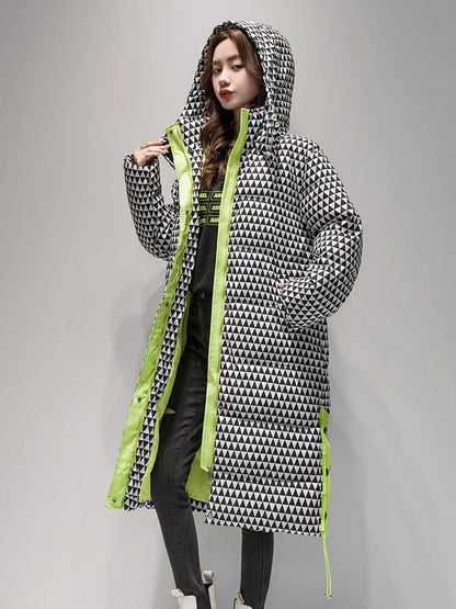 2023 Winter Warm  Plaid Long  Coat Women ' s Fashion Thicken Hooded Puffer Jacket Female Windproof Warm Outwear