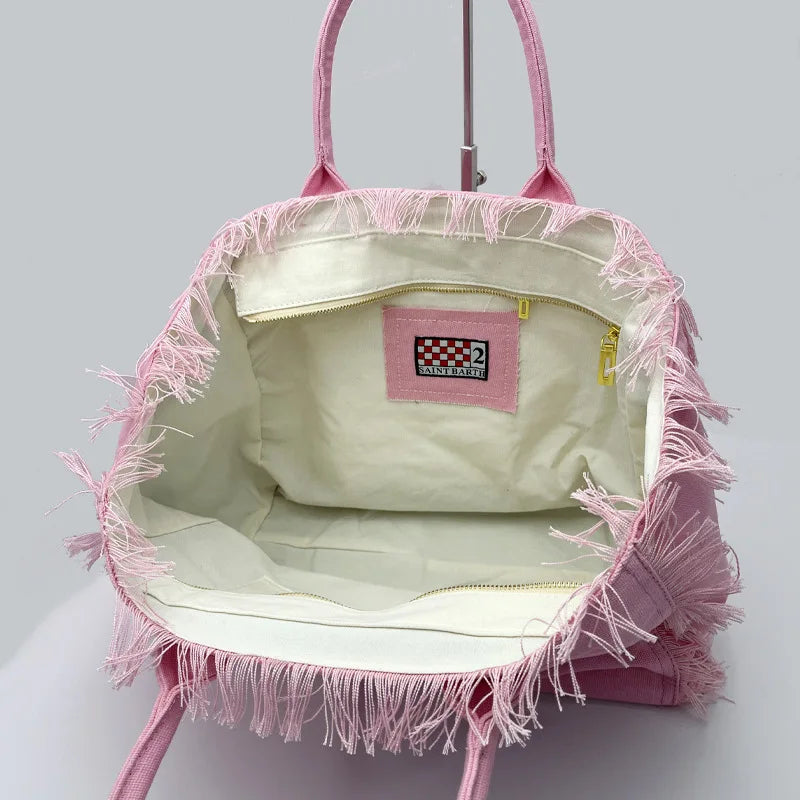 New Summer Pink Vitality Women's Handbag, Women's Large Capacity Canvas Tassel Design Handbag, Women's Zipper Travel Bag