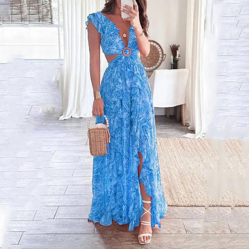 2024European And American Clothing Summer Fashion New Printed Hot Girl Style Deep V Sexy Waist-exposed Long Pleated Casual Dress