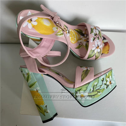 Print Flower Genuine Leather Sandals Women Chunky Heel High Platform Ankle Strap Open Toe Summer Shoes For Girls