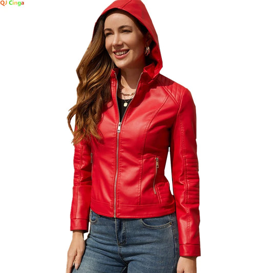 Bright Red Women Hooded Leather Jacket Hat Removable Windproof Jackets Fashion Casual PU Coat Black Blue Coffee Khaki Pink XXXL