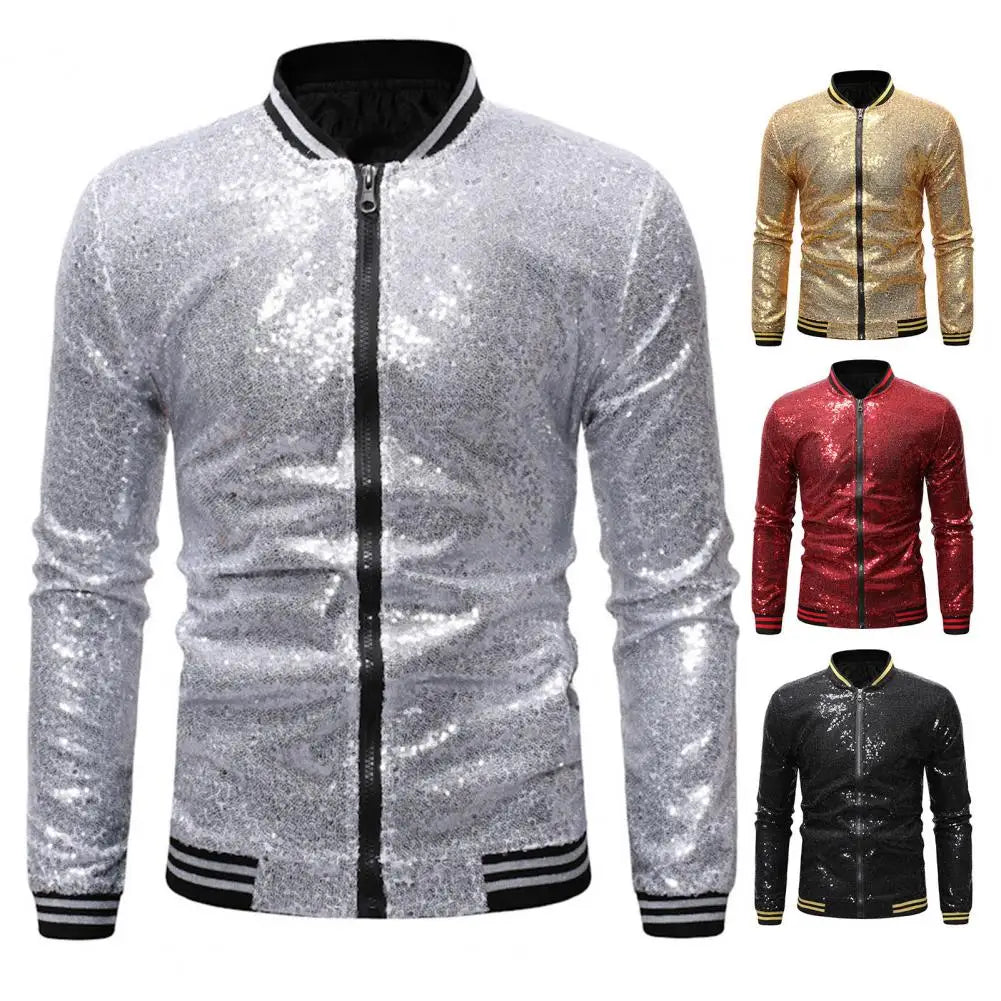 Men Jacket Sequin Stage Show Dance Performance Coat for Men with Stand Collar Shiny Long Sleeves Slim Fit Zipper Closure Mid