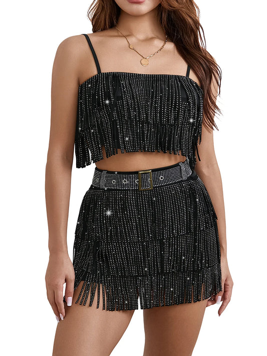 Women Sequins 2 Piece Outfits Sleeveless Backless Sequins Sling Tassel Half Mini Skirt Y2k Summer Set