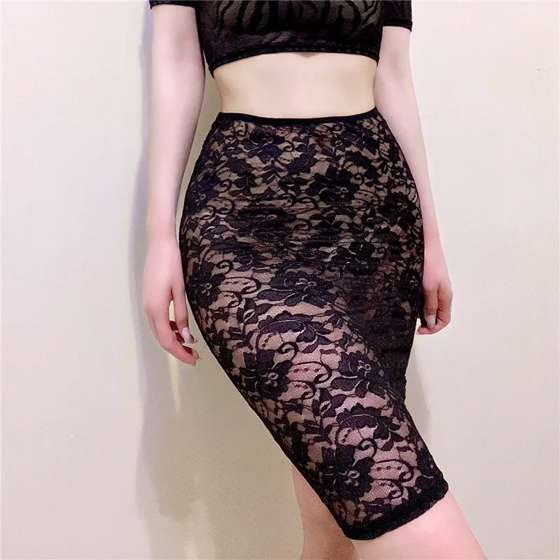 FREEAUCE See Through Sexy Lace Pencil Skirts Mini Pleated Black Wrap Hip Micro Long Skirt for Women Nightclub Clothing Summer