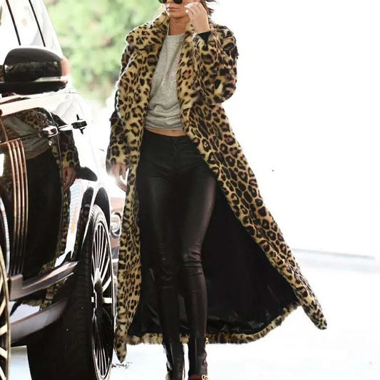 Extra Long Faux Fur Long Coat Women Furry Plus Size Fur Trench Coats Winter Warm 132CM Fur Leopard Jackets Female 2022 New