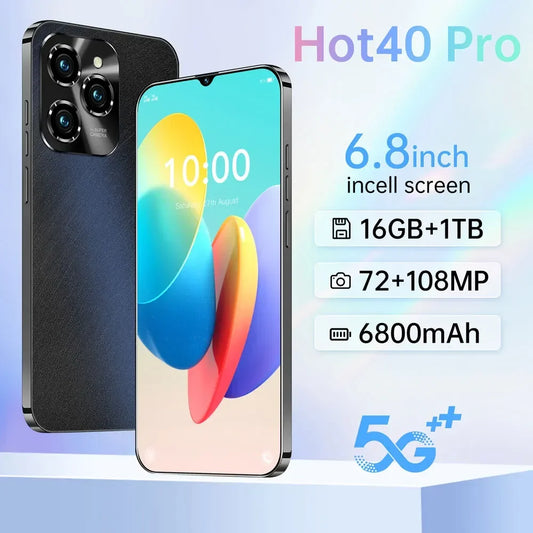 2024 Hot40 Pro Smartphone 5G 6.8inch HD 16G+1TB Cell Phone Dual SIM Mobile Phones Face Recognition 6800mAh Android 14 Cellphones