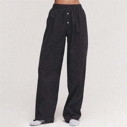 Lamuusaa y2kPants Women Clothes Solid Color/Striped Elastic Waist Wide Leg Loose Trousers with Buttons Decor 2000s Streetwear