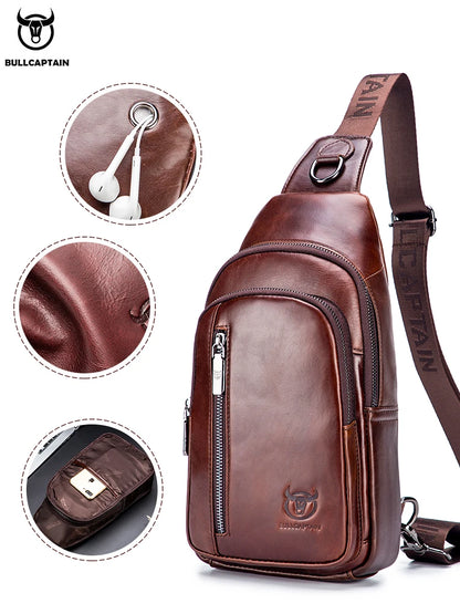 BULLCAPTAIN Men's Genuine Leather Chest Bag Fashion Leisure Multifunctional Crossbody Bag Music Chest Bag Men's Chest Bag