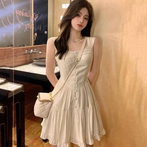 Women Beige Dress Sexy Sweet Elegant Backless Ruffle Edge Mini Skirt Fashion Square Collar Lady Pleated Short Dresses Summer