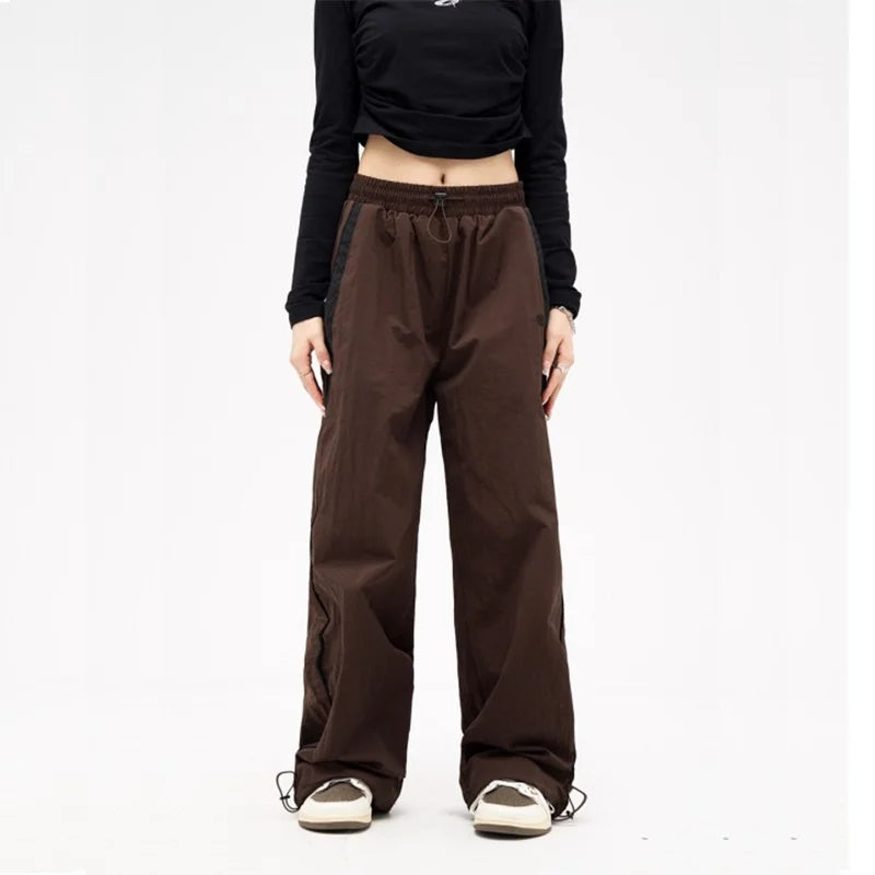 Women Spring Retro Solid Loose Drawstring Trousers Casual Joggers Baggy Wide Leg Sweatpants Mid Waist Sporty Y2k Female Clothes