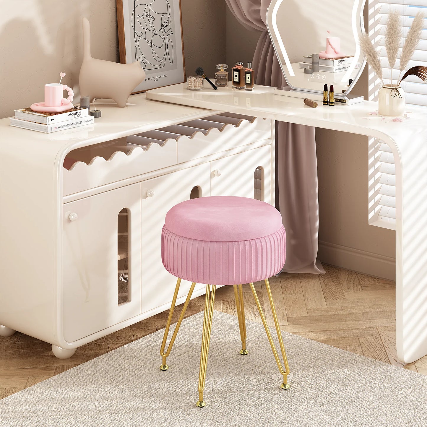 Redlife Velvet Vanity Stool Chair with Storage Multifunctional Makeup Chair Footrest with Anti-Slip Feet for Living Room Bedroom