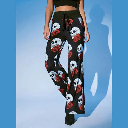 Y.KUKU Autumn Women Long Pants Brand Drawstring Loose Knitted Gothic Skull Printed Y2K High Waist Pants Trousers Female