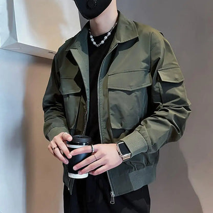 Zipper Jacket Men's Solid Color Zipper Closure Jacket with Lapel Buttons Multiple Pockets Casual Hip Hop Streetwear for Smooth