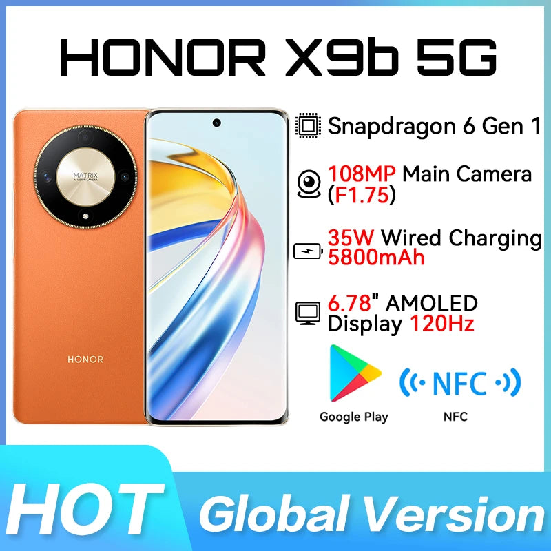 Global Version HONOR X9b Mobile Phone 6.78" Anti-Drop 108MP Camera 120Hz AMOLED Display Super Durable Battery Dual SIM Phone