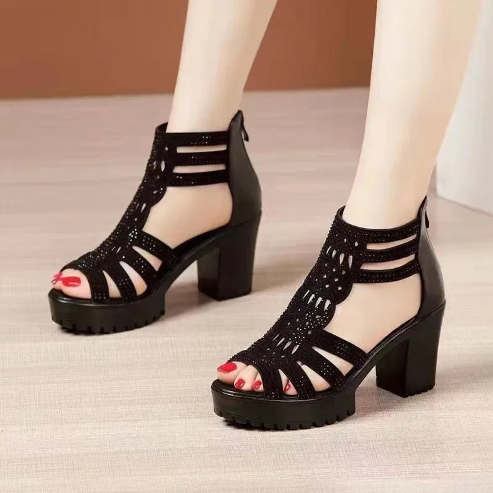 Summer Women's High Heel Shoes Rome Women's Peep Toe Platform Chunky Heel Gladiator Sandals Outdoor Zip Dress Party Heeled Shoes