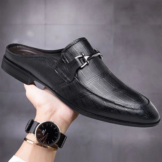 New Genuine Leather Mules Shoes Men's Half Shoes For Man Luxury Brand Slippers Men Loafers Casual Shoes Breathable Male Footwear