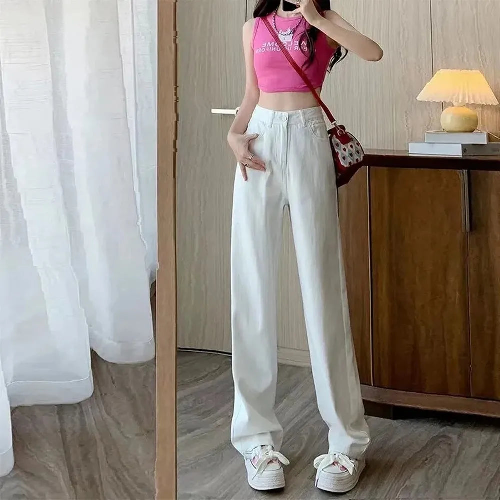 Fashion Artistic Lightweight Women Trendy Wide-legged Pants Simple Style Solid High-Waist Design Suitable Casual White Trousers