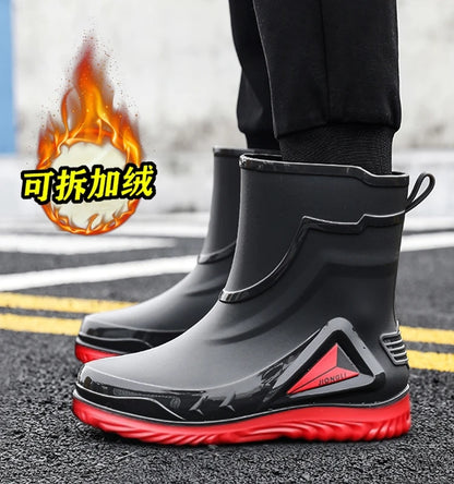 Autumn and winter non-slip rain boots for men warm rain boots, velvet waterproof shoes, kitchen plastic work shoes fishing shoes