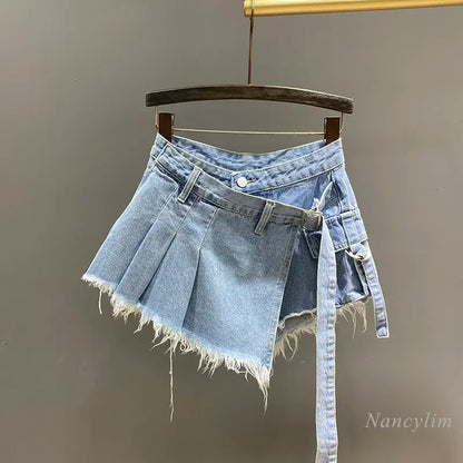 Irregular Pink Denim Skirt Women's Summer High Waist Slimming False Two-Piece A- Line Workwear Short Mini Skirts 2024