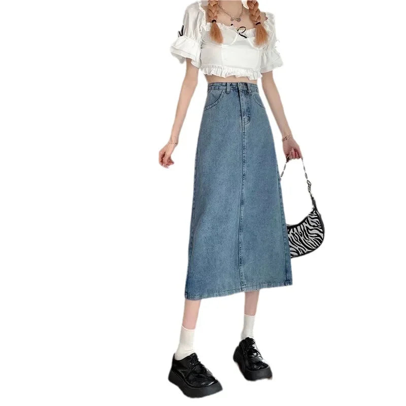 Charcoal Greydenim Skirt Women's Medium-length High-waisted Slimming Vintage Fashionable Spring Autumn New Style A- line Skirt