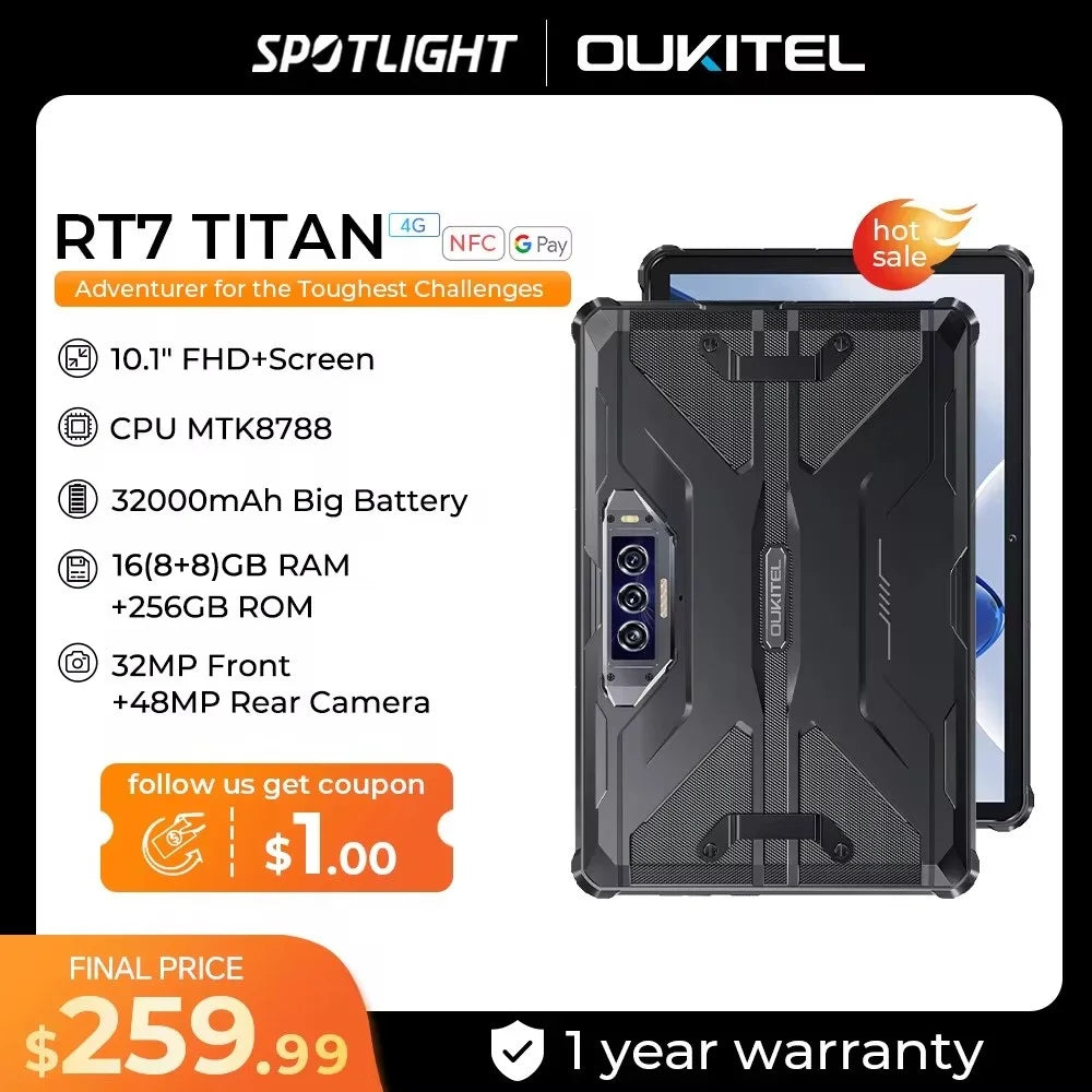 Oukitel RT7 TITAN 4G Rugged Tablet 10.1" FHD+ 32000mAh 8GB+256GB Android 13 Tablet 32MP+48MP Tablets PC