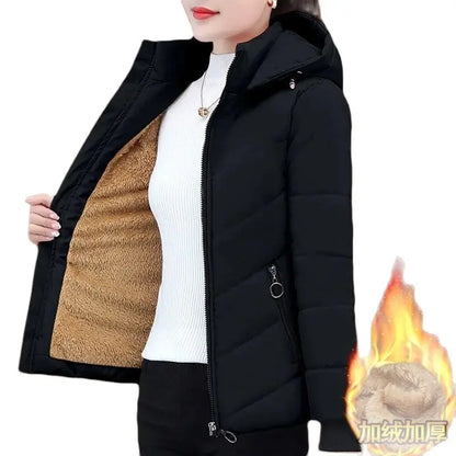 2023 New Women Add Velvet Cotton Jacket Female Winter Fleece Warm Hood Fashion Coat Ladies Down Padded Jackets M- 5XL Coat