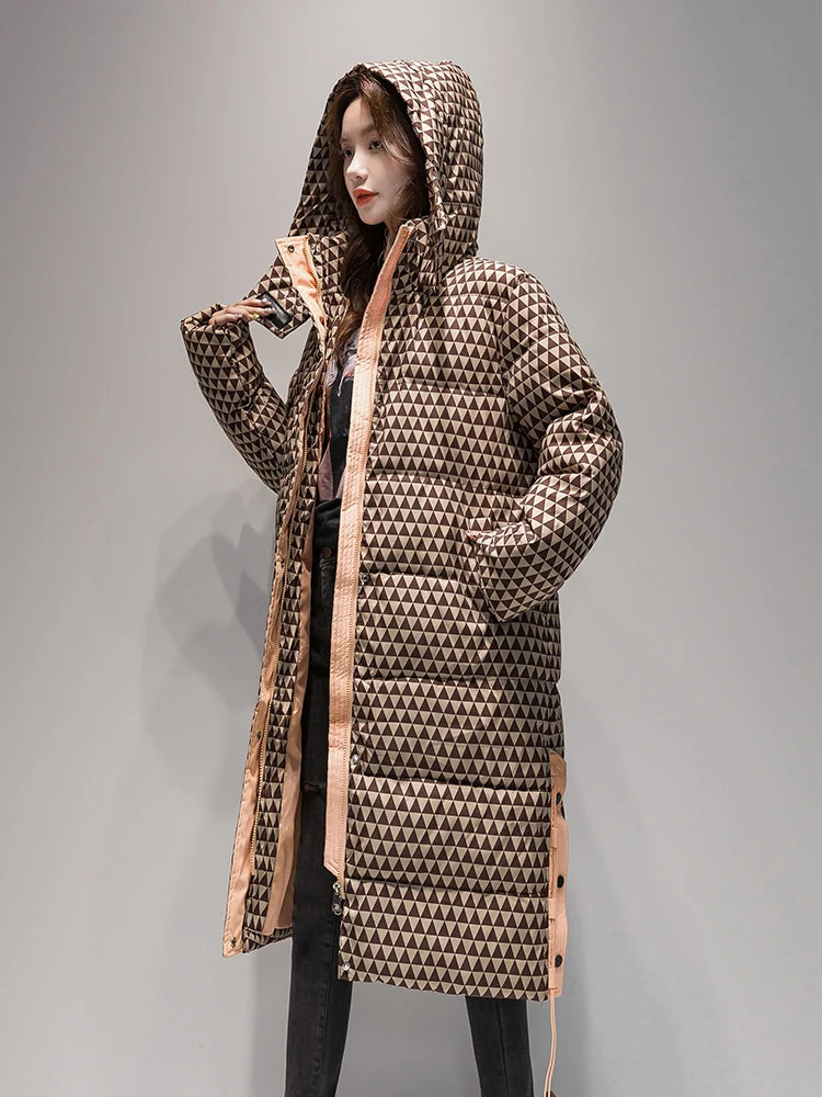 2023 Winter Warm  Plaid Long  Coat Women ' s Fashion Thicken Hooded Puffer Jacket Female Windproof Warm Outwear