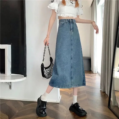 Charcoal Greydenim Skirt Women's Medium-length High-waisted Slimming Vintage Fashionable Spring Autumn New Style A- line Skirt