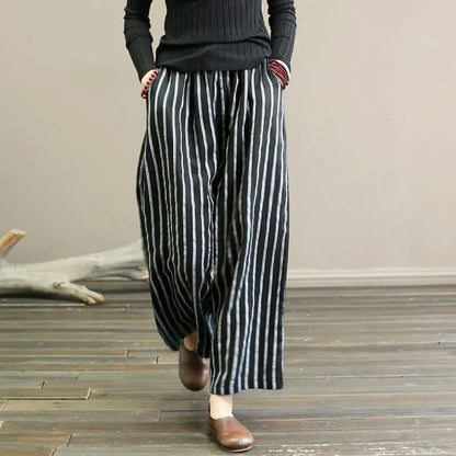 2024 New Spring and Summer Vintage Fashion Versatile Casual Loose Cotton and Hemp Stripe Nine Split Wide Leg Pants for Women