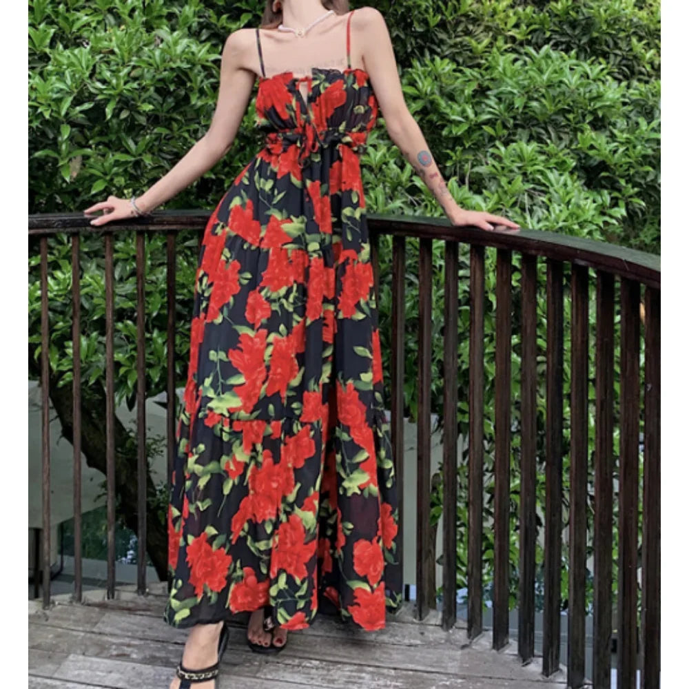 Chic Floral Print Pleated Slip Dress Elegant Korean Fashion Fairy Dresses High Waist A-line Vestidos Summer Women Beach Sundress