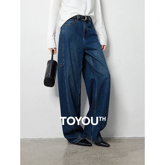 TOYOUTH Women Jeans 2024 Autumn New Split Design Washed Wide Leg Stright High Waist Towing Long Banana Pants