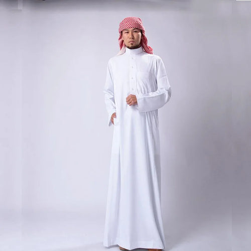 Saudi Arabia Traditional Costumes Man Muslim Jubba Thobe Solid White Stand Collar Polyester Long Robe Gown Islamic Clothing