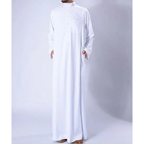 Saudi Arabia Traditional Costumes Man Muslim Jubba Thobe Solid White Stand Collar Polyester Long Robe Gown Islamic Clothing