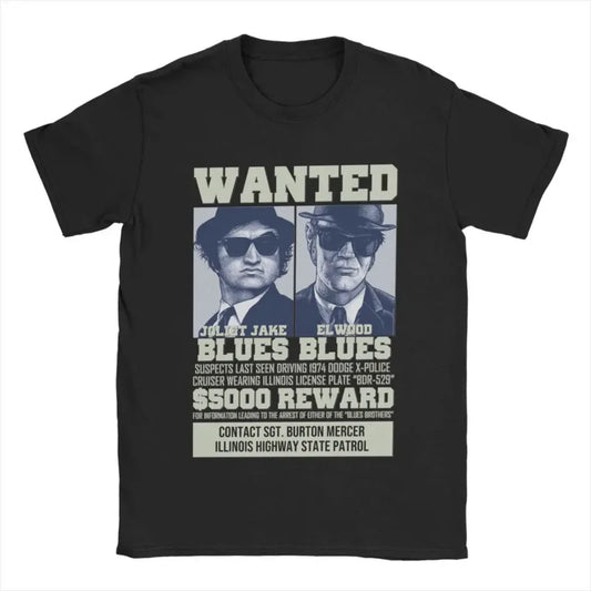 Men's T-Shirt The Blues Brothers Wanted Humor Cotton Tee Shirt Short Sleeve T Shirts Crewneck Clothing Big Size