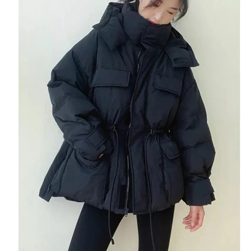 New Winter Hooded Parkas Warm Jacket Women's Down Cotton Coat Irregular Fluffy Bubble Drawstring Waist Loose Coat Cotton Coat