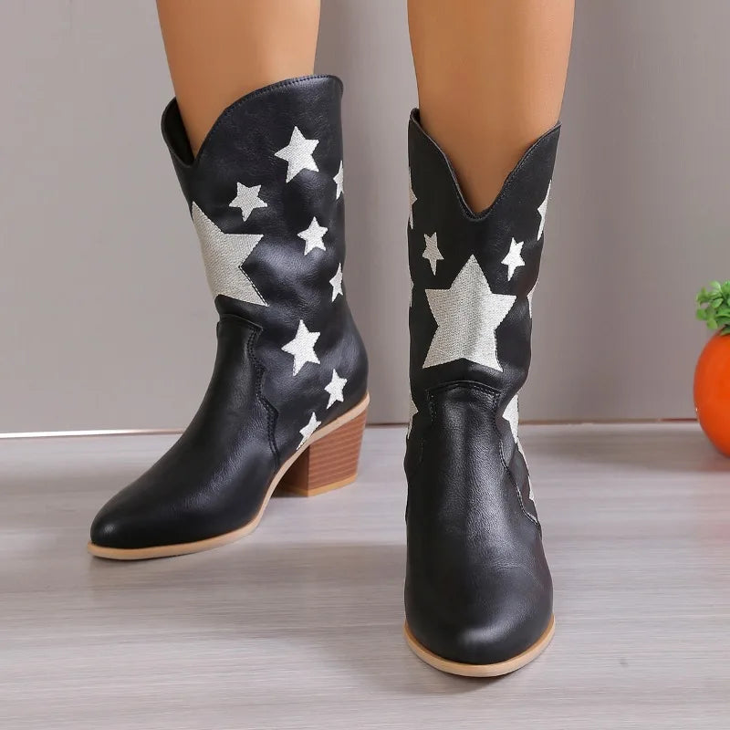 2023 New Women's Embroidered Western Knee High Boots Cowboy Cowgirl Boots Chunky Heel Platform Boots Women Western Shoes