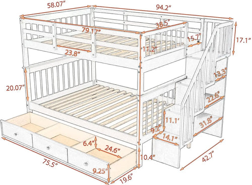 Beds Full Over Full Bunk Bed with Stairs Storage and Drawers Solid Wood Bunkbed can be Separated into 2 Platform Bedframe Gray