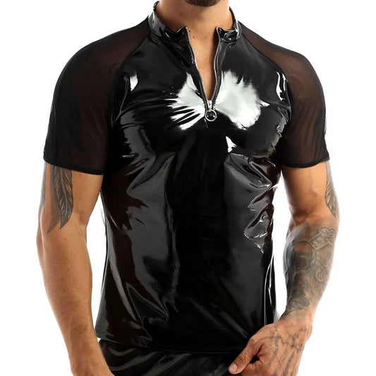 Men Shiny Shirt Wetlook Patent Leather Short Sleeves Summer Sexy T-shirt Sheer Mesh Zipper T-Shirts Tops Clubwear Casual Clothes