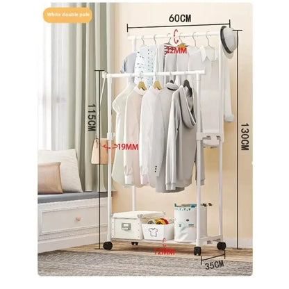 Simple Wheeled Coat Rack Double Simple Rod Clothes Coat Shelf Bedroom Hanging  Rack Roll Floor-Stand Telescopic Storage Clothes