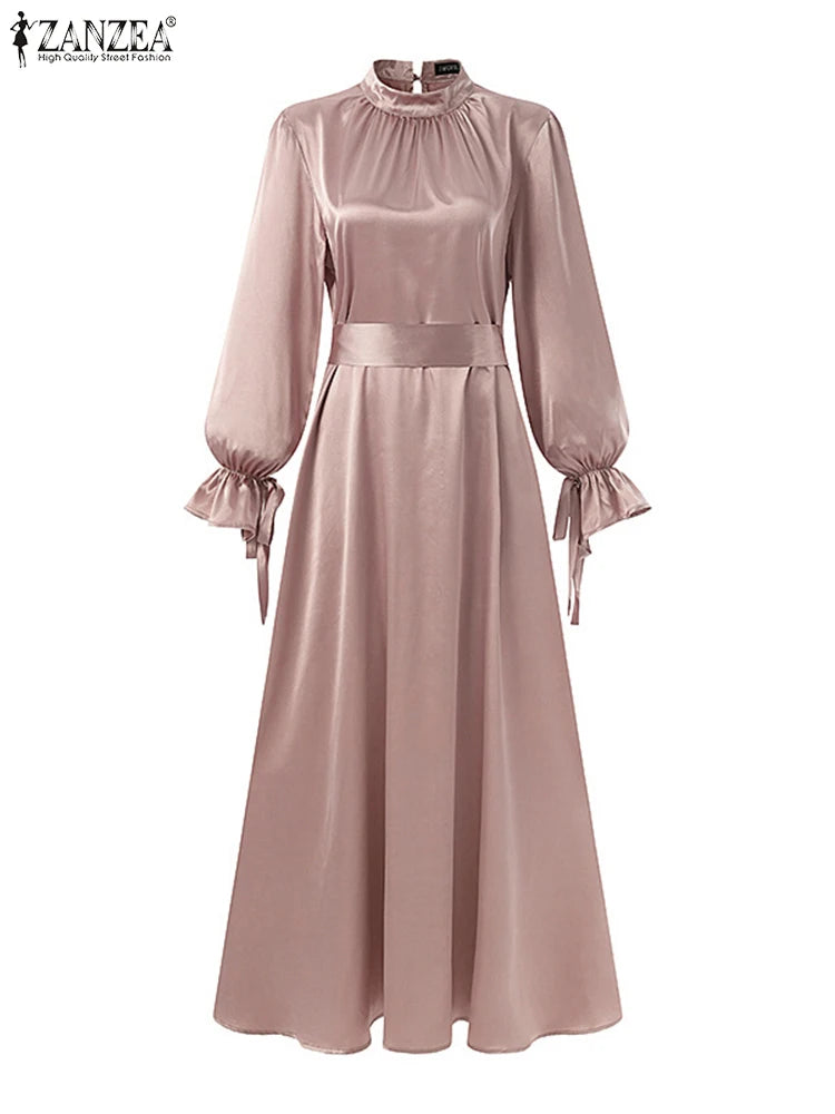 ZANZEA Elegant Satin Long Dresses Women Muslim Fashion Cinched Waist Hijab Islamic Abaya Robes 2024 Autumn Long Sleeve Vestidos