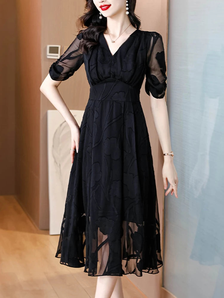 2024 Black Floral Chiffon Dress Summer Casual Midi fashion Women Dress Vintage Elegant V-Neck Party Evening Luxury Long Dresses