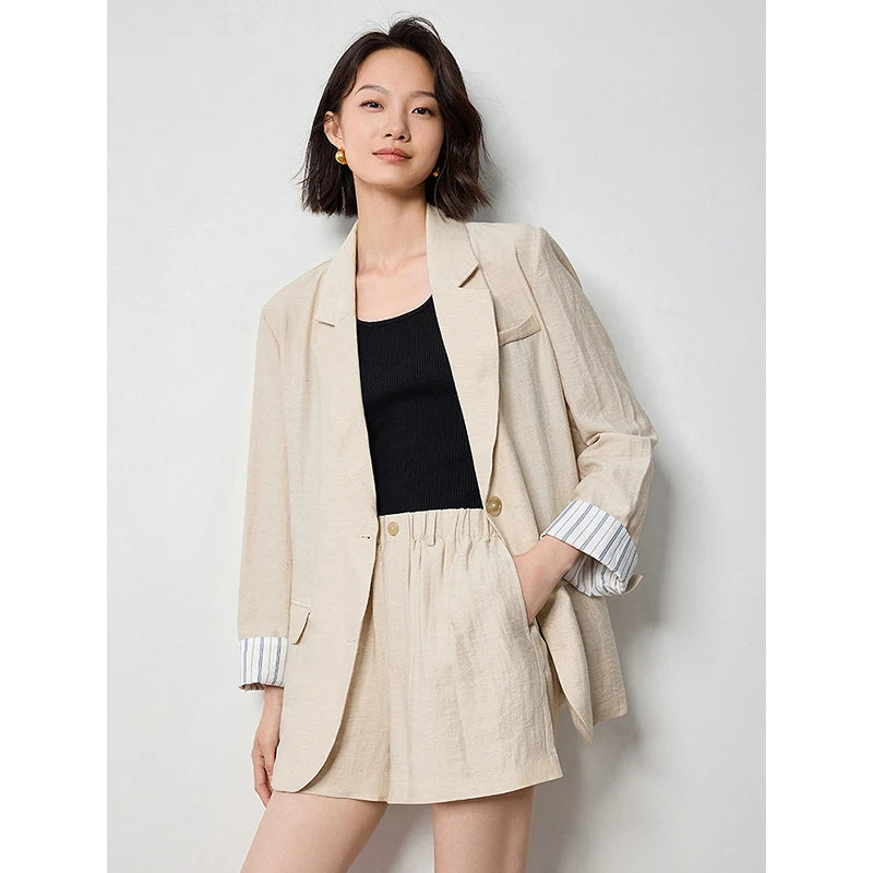 TOYOUTH Women Blazer 2024 Summer New Linen Office Lady Turn Down Collar Working Wear Jacket Coat