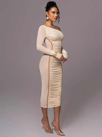 Diagonal Collar Long Sleeve Midi Dress For Women Two Layer Mesh Backless Ruched Bodycon Club Party Sexy Long Dress